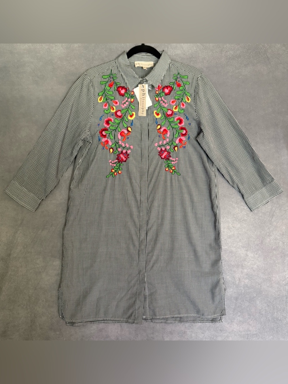 Philosophy Black & White Gingham Shirt Dress with Multicolor Floral Embroidery M